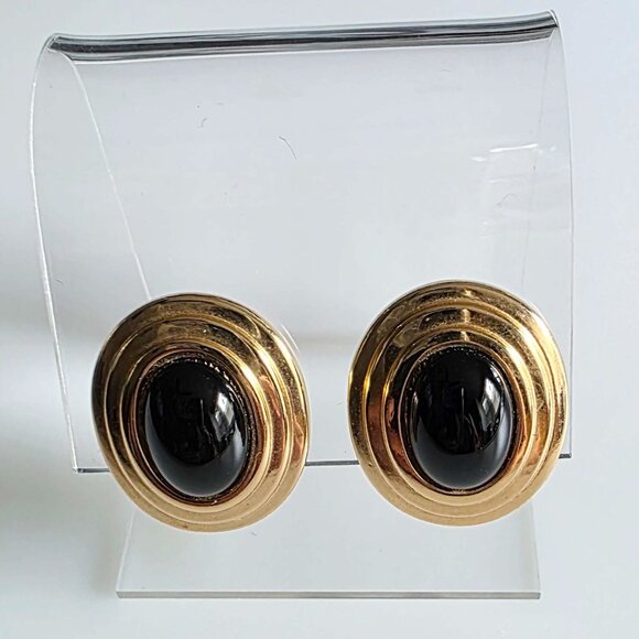 Vintage Christian Dior Signed Oval Black Cabochon Clip-On Earrings - Picture 1 of 8